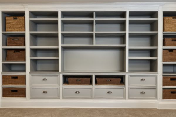 Custom built-in storage system with organized shelves and drawers