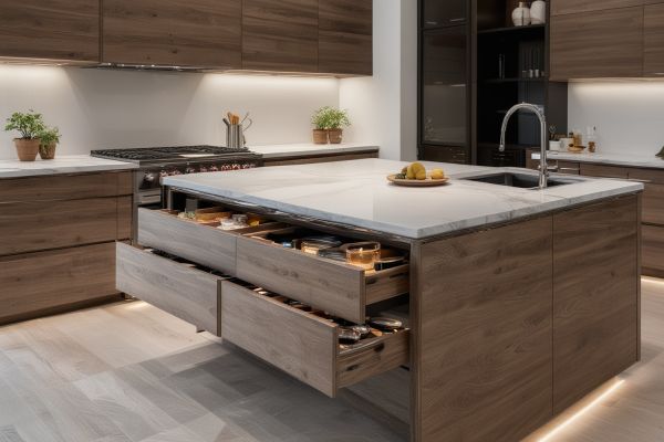 Modern custom kitchen cabinet with soft-close drawers and LED lighting