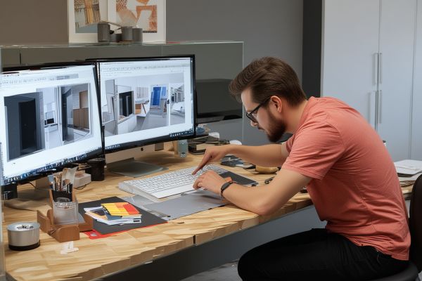 Designer working on 3D cabinet design with computer and materials samples