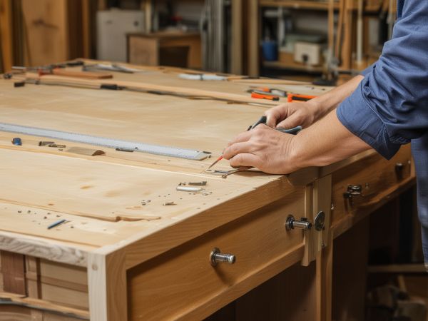 Master craftsman working on custom cabinet with precision tools