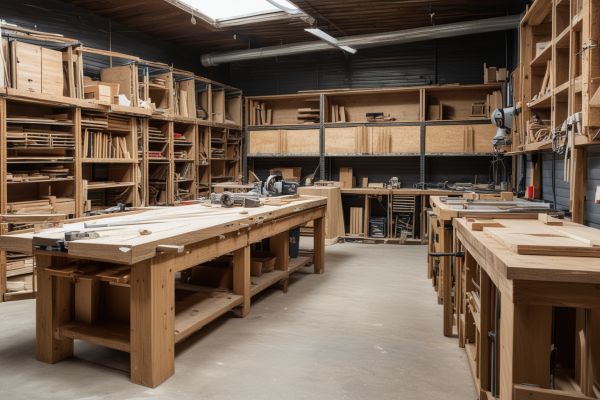 Modern woodworking workshop with professional equipment and materials