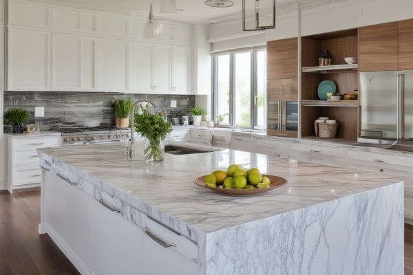 Stunning modern kitchen with white custom cabinets and marble countertops